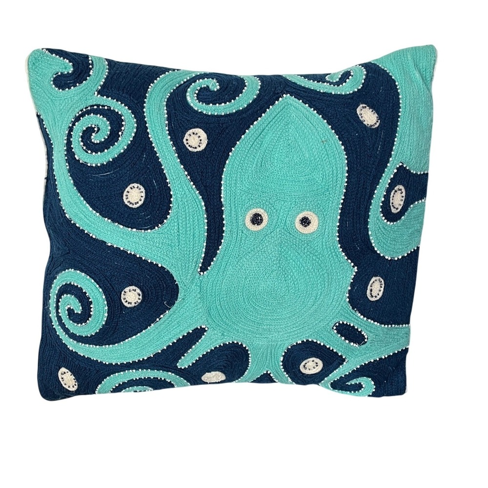 Pottery Barn Kids Octopus Pillow Kids 16x16 Blue Embroidered Nautical Coastal‎
